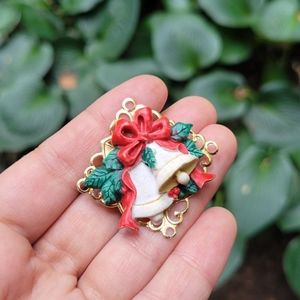 Vintage Christmas Bell Wreath Bow Brooch Pin